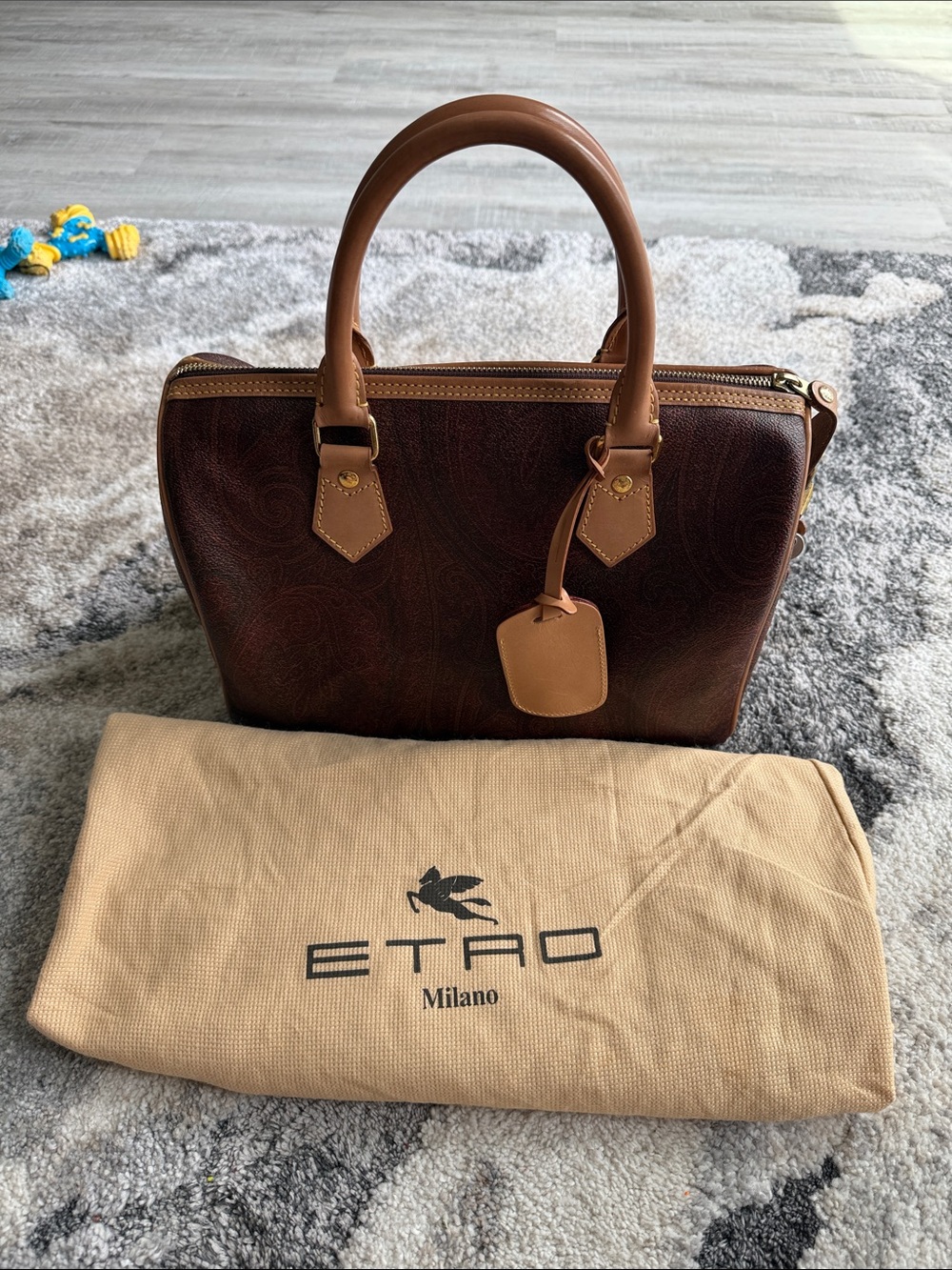 Etro Dark Brown Leather Satchel with Tan Handles - Picture 1 of 16